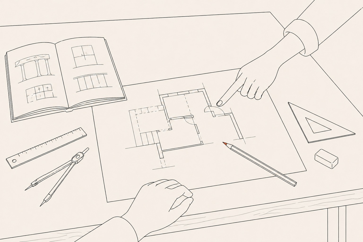 An architect's drafting desk seen from the architect's seat: an open book of design principles, a drafting paper with a partial floor plan, tools laid out, and the master architect's hand entering from the side gesturing at a detail